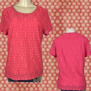 Calvin Klein L Red Coral Sheer Textured Inlay Lined Scoop Neck Short Sleeve Top